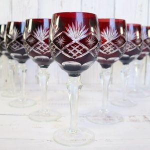 Elegant Japanese Cut Crystal Wine Glasses Set (4) Burgundy Ruby Red Edo Kiriko